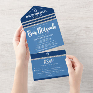Invitation Tout En Un Bar Mitzvah Blue Silver Tallit Bold Script moderne