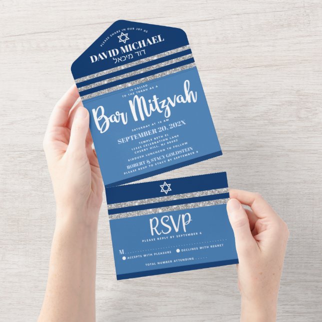 Invitation Tout En Un Bar Mitzvah Blue Silver Tallit Moderne Gras Script (Déchirure)