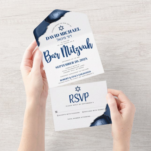 Invitation Tout En Un Bar Mitzvah Bold Modern Navy Blue Agate Script (Déchirure)