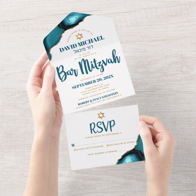 Invitation Tout En Un Bar Mitzvah Bold Moderne Turquoise Agate Script (Déchirure)