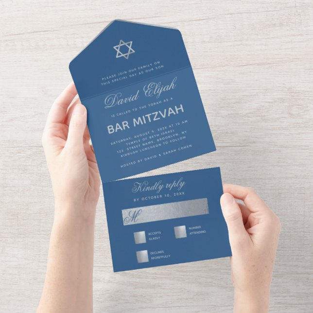 Invitation Tout En Un Bar Mitzvah Classic Blue Faux Argent Star Script (Déchirure)
