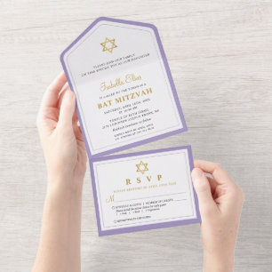 Invitation Tout En Un Bar Mitzvah élégant or violet