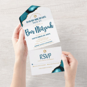 Invitation Tout En Un Bar Mitzvah Gras Moderne Agate Turquoise Écriture
