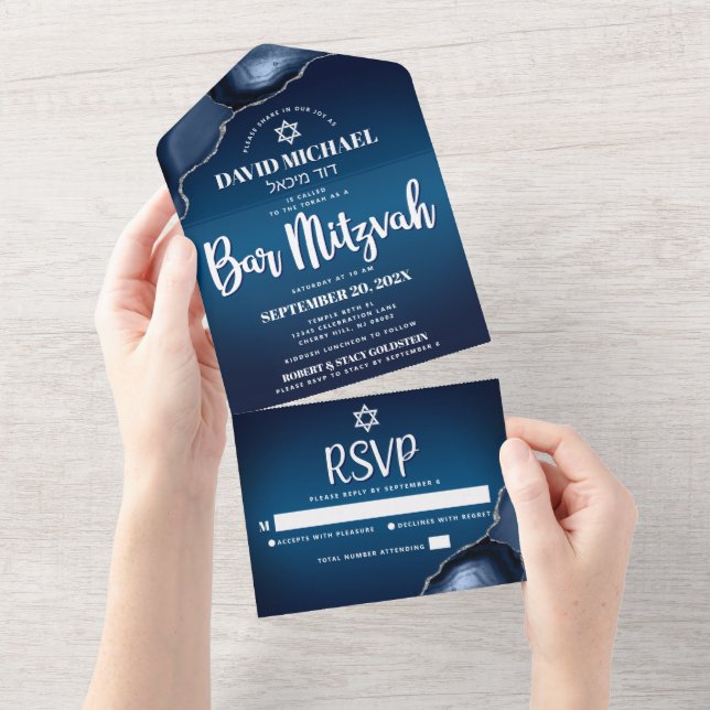 Invitation Tout En Un Bar Mitzvah Modern Navy Blue Ombre Agate Script (Déchirure)