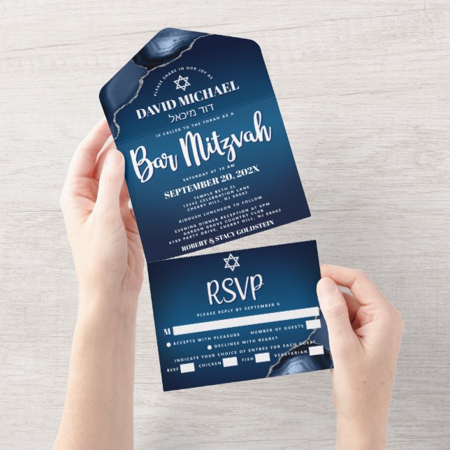 Invitation Tout En Un Bar Mitzvah Navy Blue Ombre Agate Script moderne (Déchirure)