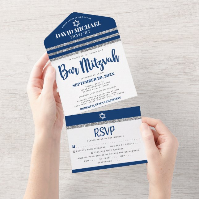 Invitation Tout En Un Bar Mitzvah Navy Blue Silver Tallit Moderne Script (Déchirure)