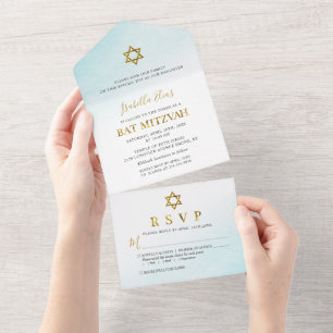 Invitation Tout En Un Bar Mitzvah pastel aquarelle bleu or