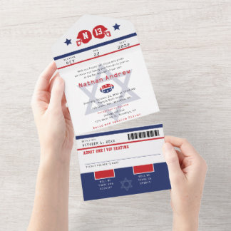 Invitation Tout En Un Bar Mitzvah Red Blue Football Sports Ticket
