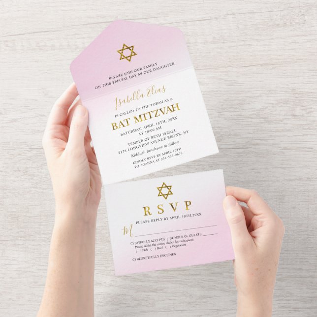 Invitation Tout En Un Bar Mitzvah Rose Gold Pastel Aquarelle (Déchirure)