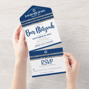 Invitation Tout En Un Bar Mitzvah Simple Moderne Tallit Marine Script bl