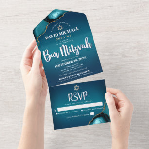 Invitation Tout En Un Bar Mitzvah Turquoise Moderne Ombré Agate Script