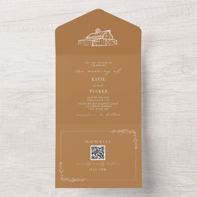 Invitation Tout En Un Barne Rustique Mariage de ferme Goldenrod QR (À l'intérieur)