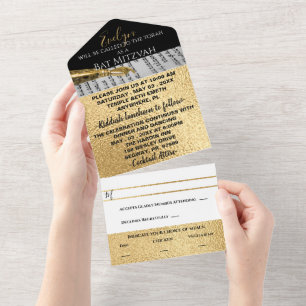 Invitation Tout En Un Bat mitzvah à barres Gold et Black