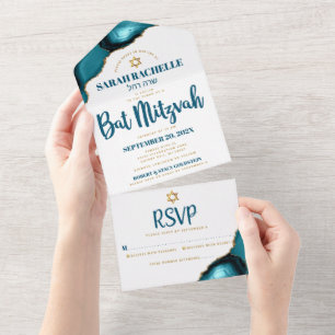 Invitation Tout En Un Bat mitzvah Bold Moderne Turquoise Agate Script