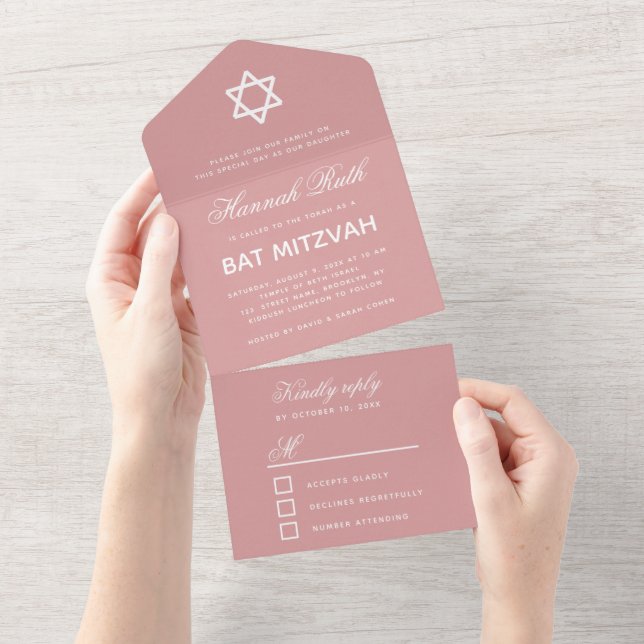 Invitation Tout En Un Bat mitzvah Dusty Rose rose simple calligraphie (Déchirure)
