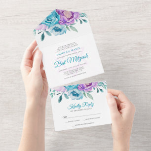 Invitation Tout En Un Bât Mitzvah Fleurie Aquarelle Turquoise Violet