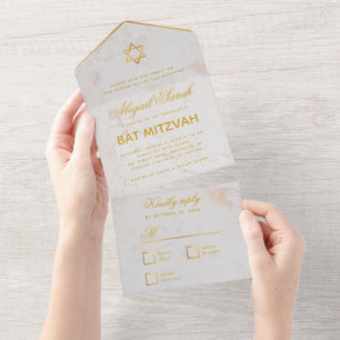Invitation Tout En Un Bat mitzvah Marbre Faux Gold Star Élégant Script