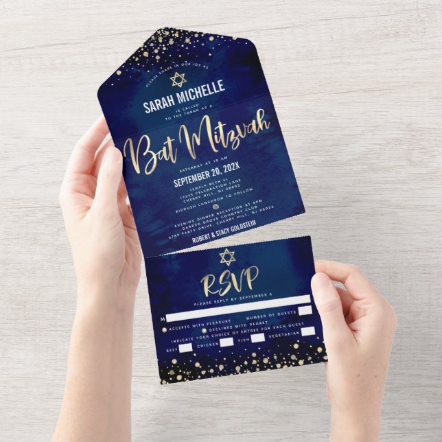Invitation Tout En Un Bat mitzvah Marine Parties scintillant or Script P (Déchirure)