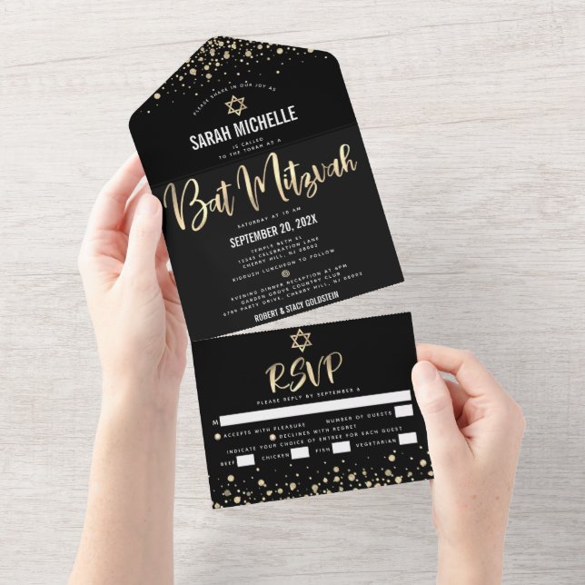Invitation Tout En Un Bat mitzvah moderne Black Gold Parties scintillant (Déchirure)