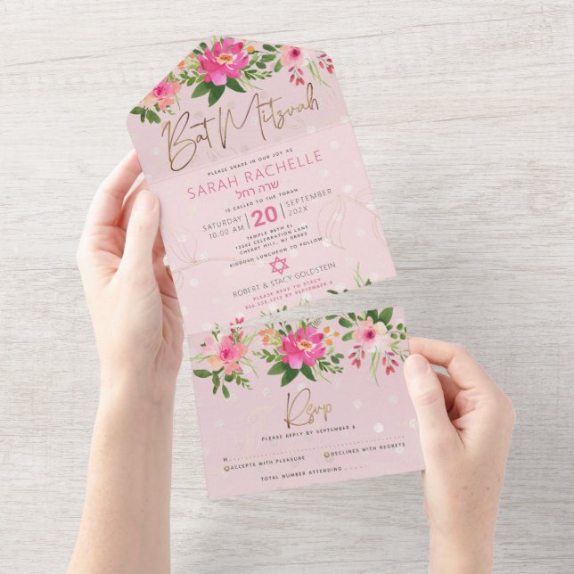 Invitation Tout En Un Bat mitzvah Pink Gold Script Floral Aquarelle (Déchirure)