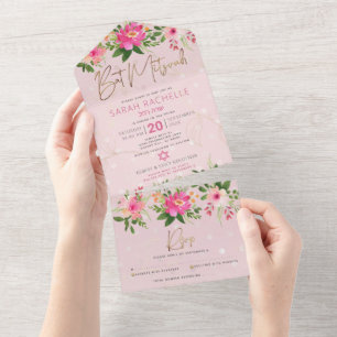 Invitation Tout En Un Bat mitzvah Pink Gold Script Floral Aquarelle