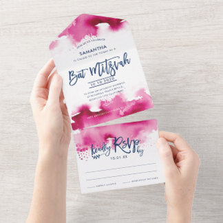 Invitation Tout En Un BAT MITZVAH pretty hand lettered pink watercolor