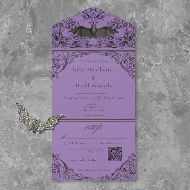 Invitation Tout En Un Bat victorien Til Death Black & Purple QR Code (Créateur téléchargé)