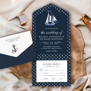 Invitation Tout En Un Bateau à voile rustique Mariage bleu marine