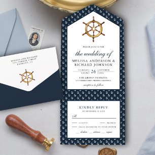 Invitation Tout En Un Bateau Rustique gouvernail nautique mariage bleu m