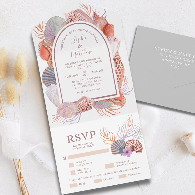 Invitation Tout En Un Beach Seashells Aquarelle Côte Chic Mariage (Créateur téléchargé)