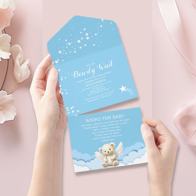 Invitation Tout En Un Bearly Wait Angel Teddy Bear Baby shower bleu (Créateur téléchargé)