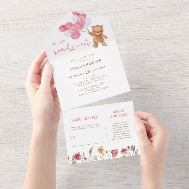 Invitation Tout En Un Bearly Wait Girl Teddy Bear Baby shower (Déchirure)
