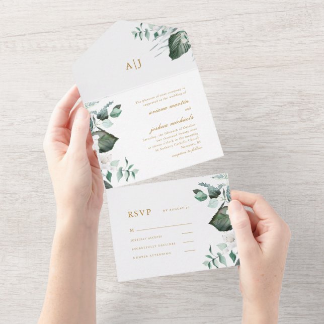 Invitation Tout En Un Beau Mariage Floral Blanc et Vert (Déchirure)
