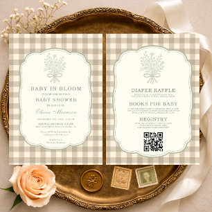 Invitation Tout en Un Bébé en Fleur Gingham Beige Baby Shower