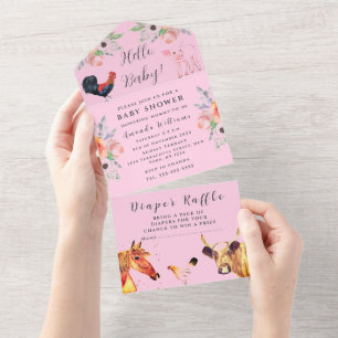 Invitation Tout En Un Bébé mignon ferme animal floral vache Hen Piglet C
