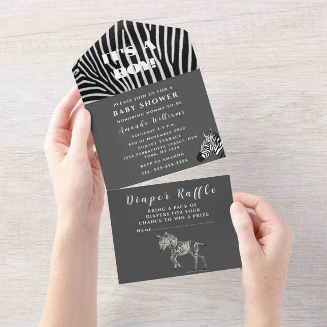 Invitation Tout En Un Bébé mignon Zebra Safari Jungle Aquarelle noire (Déchirure)