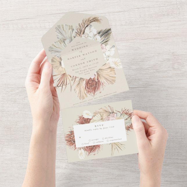 Invitation Tout En Un Beige crème | Pampas Grass séché Floral | MARIAGE (Déchirure)