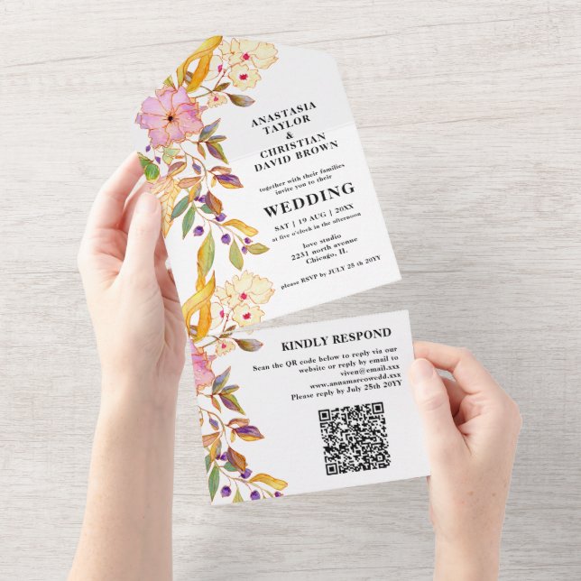 Invitation Tout En Un Beige Floral QR Code Tout en un (Déchirure)