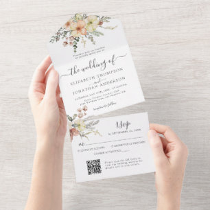 Invitation Tout En Un Beige Gold Noël QR RSVP Mariage de fleurs d'hiver