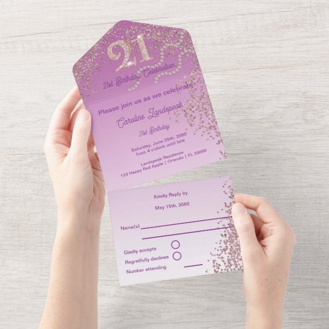 Invitation Tout En Un Belle Falling Rose Gold Parties scintillant 21e an (Déchirure)