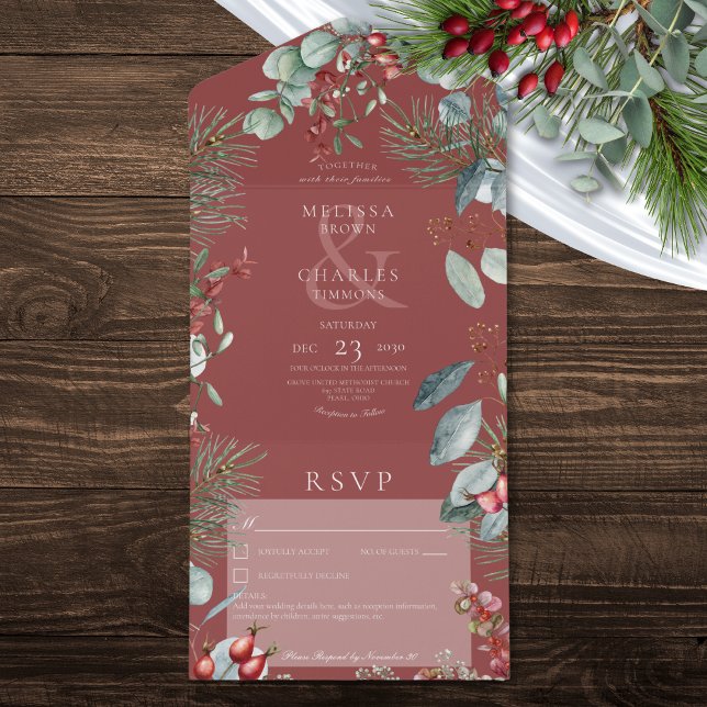 Invitation Tout En Un Berries de pin rouge Eucalyptus Pas de dîner (Red Winter Pine Berries Eucalyptus No Dinner All In One Invitation)