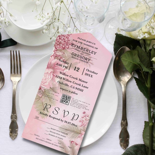 Invitation Tout En Un Berry d'hiver rose Floral Noël Minimal QR Code (Créateur téléchargé)