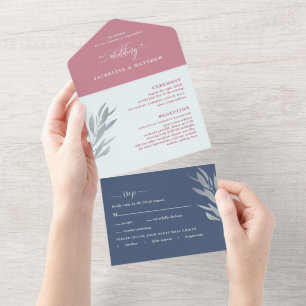 Invitation Tout En Un Berry moderne et Mariage bleu avec RSVP perforé