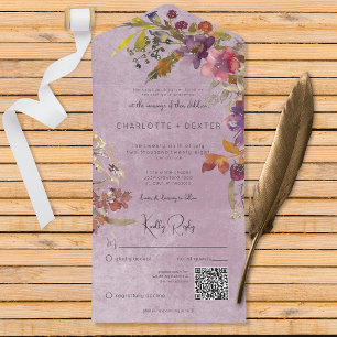 Invitation Tout En Un Bijou Boho rustique Tone Purple Florals QR Code