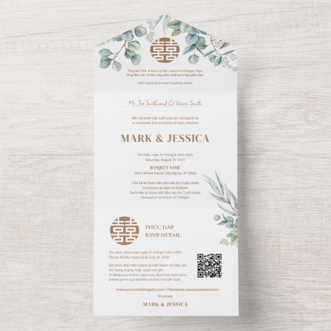 Invitation Tout En Un Bilingue Vietnamien Eucalyptus Traditionnel (À l'intérieur)