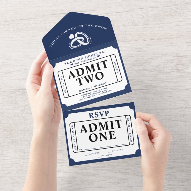Invitation Tout En Un Billet Retro Admettre deux Mariage blanc et bleu (Déchirure)