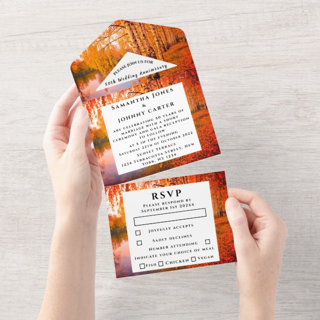 Invitation Tout En Un Birch Fall Country Bois Feuilles Mariages Annivers (Déchirure)
