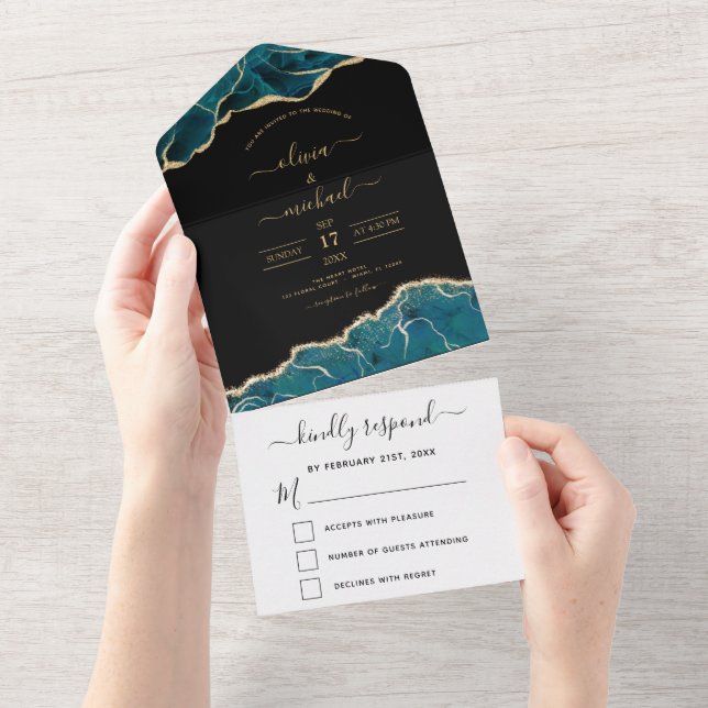 Invitation Tout En Un Black Agate Aqua Turquoise Blue Gold Mariage (Déchirure)
