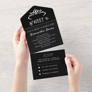 Invitation Tout En Un Black and White Sweet 16 Tiara Seteen Moderne