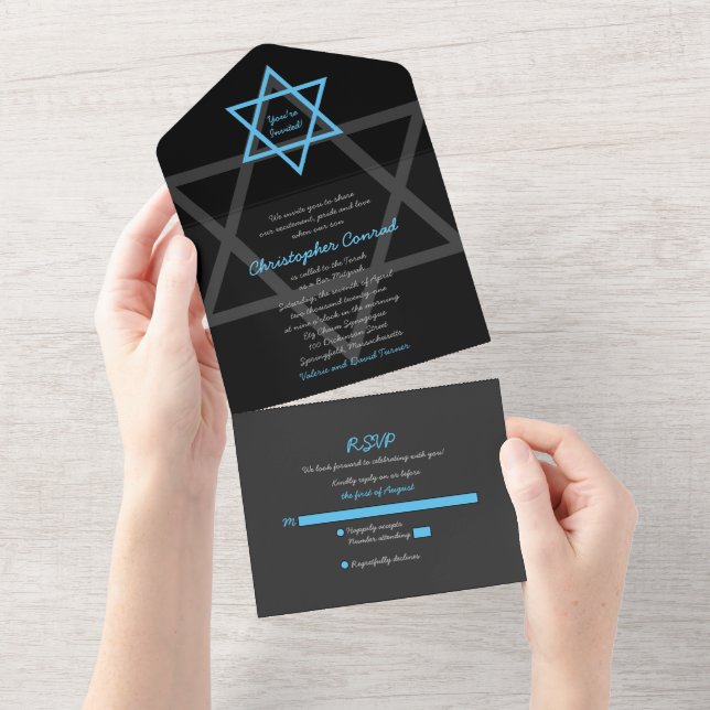 Invitation Tout En Un Black Blue Bar Mitzvah RSVP Tout en un (Déchirure)